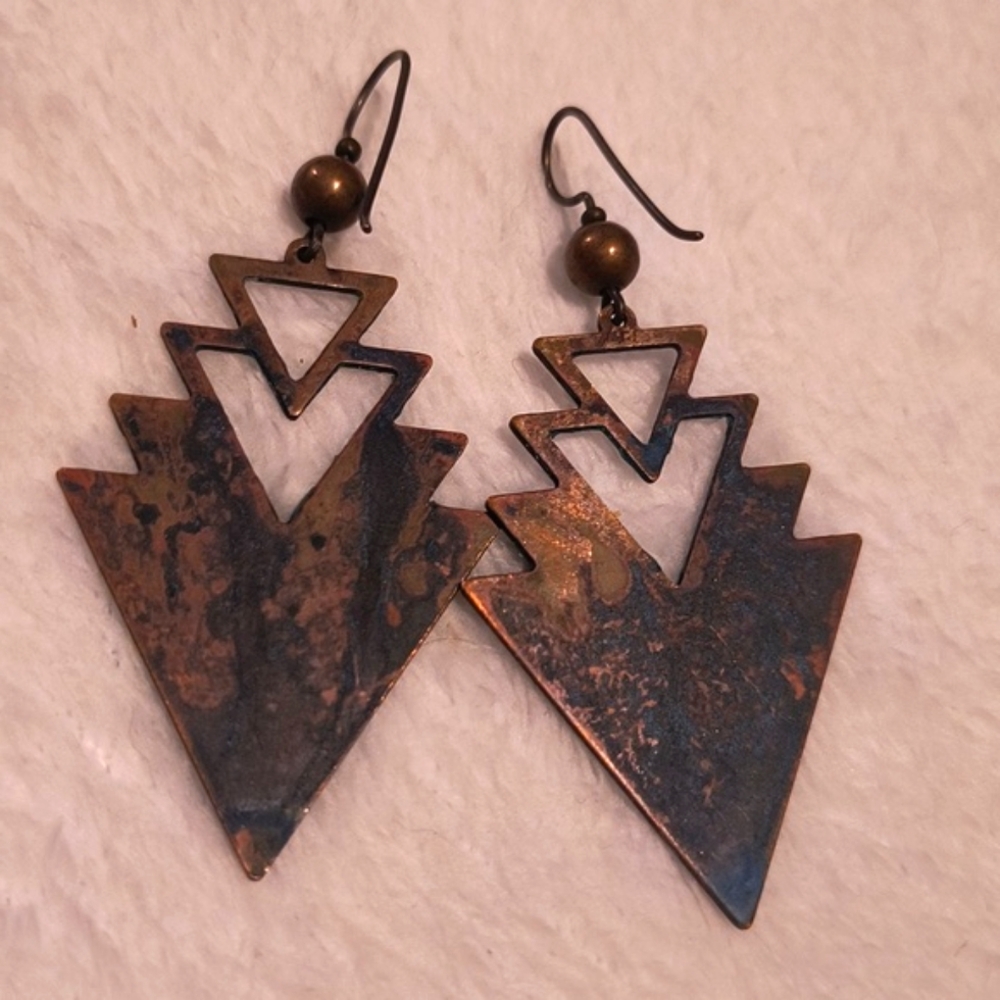 Aztec Bronze Geometric Earrings - Picture 4 of 4
